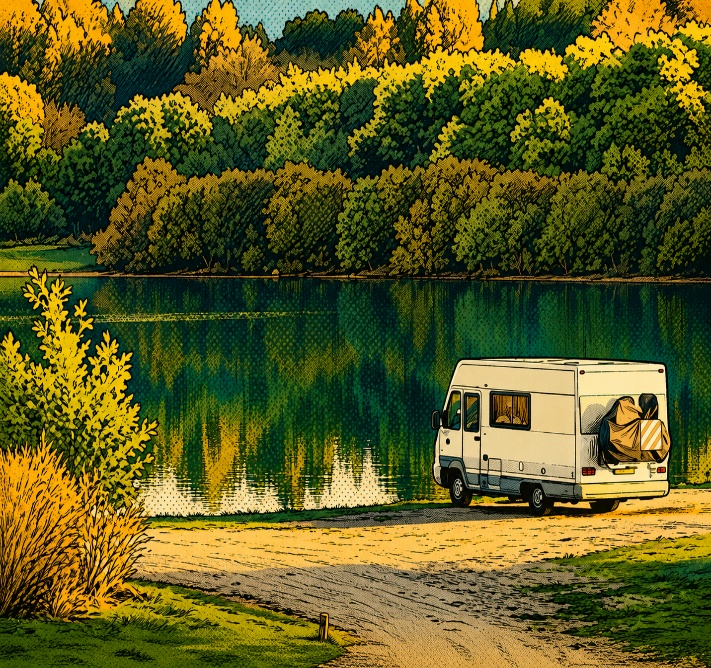 Autark stehender Camper allein an einem ruhigen See