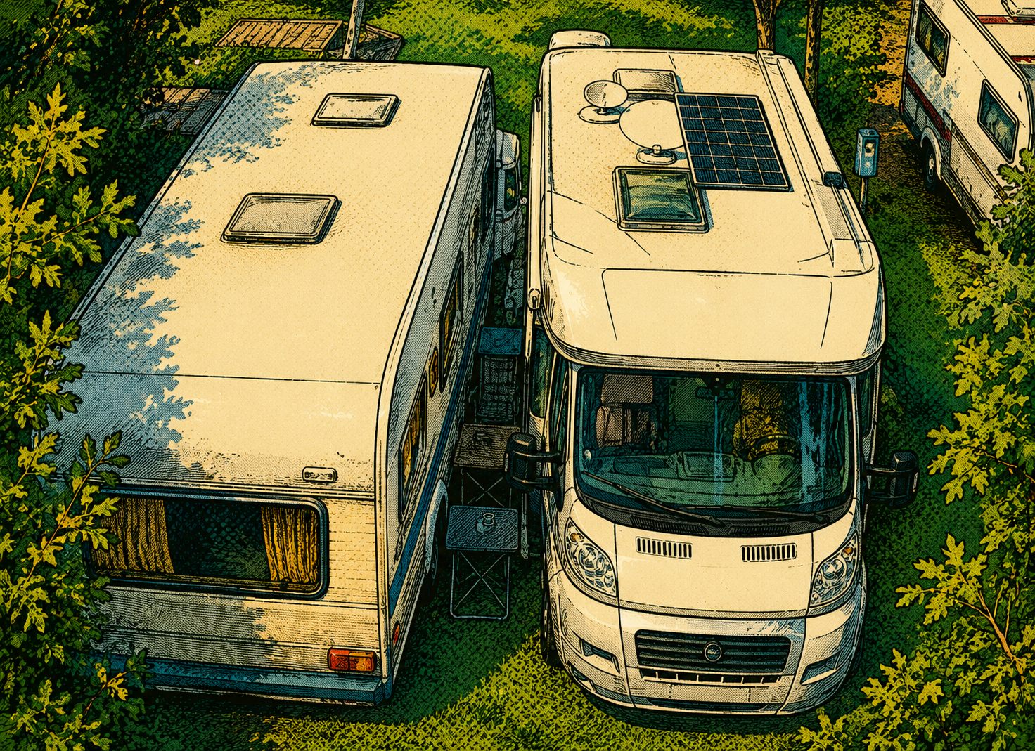 Zwei Camper dicht nebeneinander auf einem Stellplatz