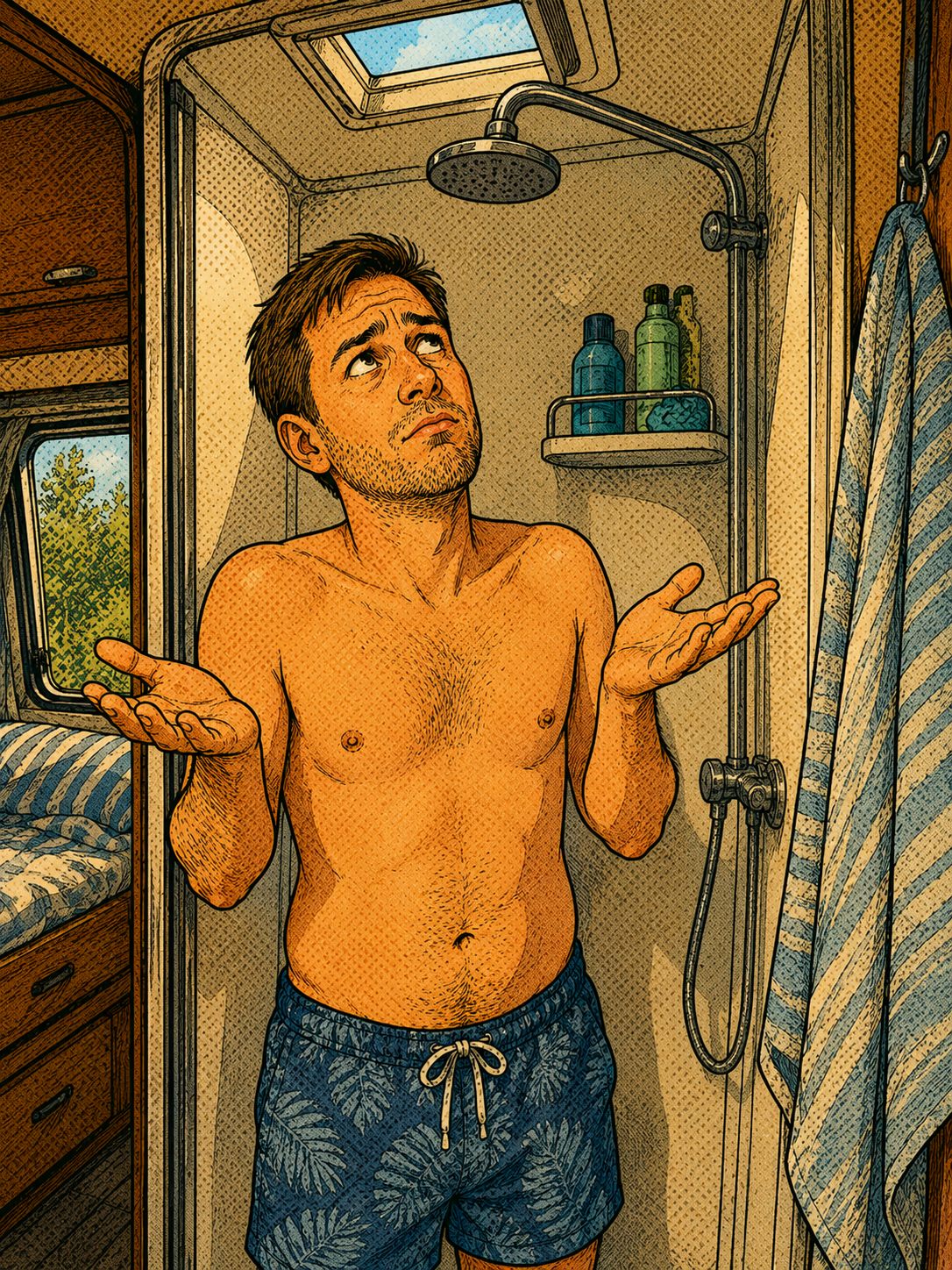 Ratloser Camper in der leeren Dusche, kein Wasser mehr übrig