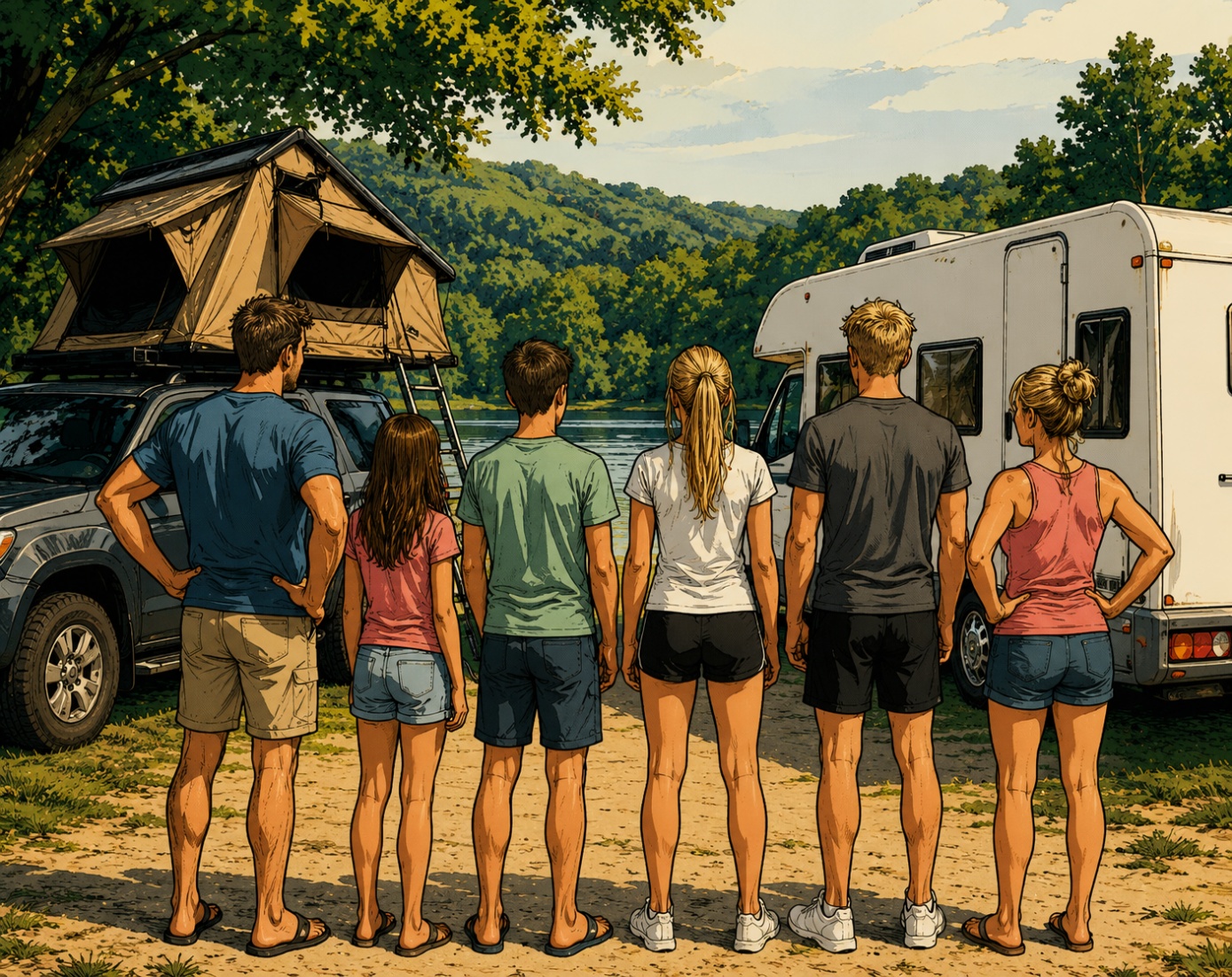 Die Familie mit Dachzelt und Wohnmobil am See